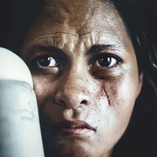 Image similar to close up portrait of woman boxer after boxing with brews blood sweating, photography photojournalism, very grainy image, 80mm lens, close up portrait polaroid