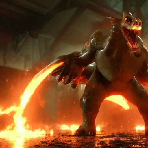 Image similar to Charizard in gears of war, splash art, movie still, detailed face, photorealistic facial features, cinematic lighting, dramatic, octane render, long lens, shallow depth of field, bokeh, anamorphic lens flare, 8k, hyper detailed, 35mm film grain