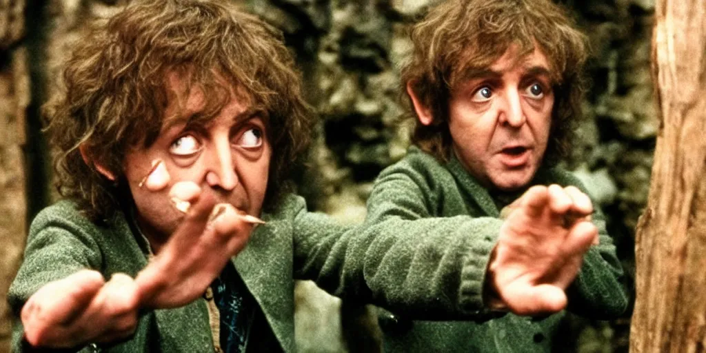 Prompt: A full color still of Paul McCartney dressed as a hobbit inside a dark house, examining his palm, directed by Stanley Kubrick, 35mm, 1970