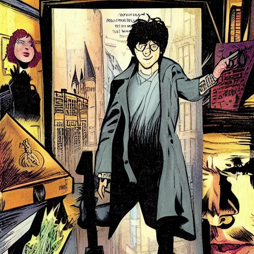 Prompt: in one frame Harry Potter with Sandman in The Sandman comic, beautiful faces, by Neil Gaiman, by Dave McKean, comics Sandman, small details, clear faces, high detail