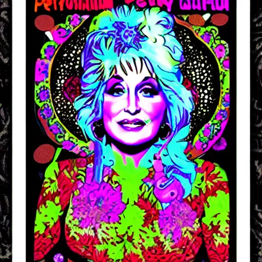 Image similar to psychedelic floral poster with Dolly Parton’s face