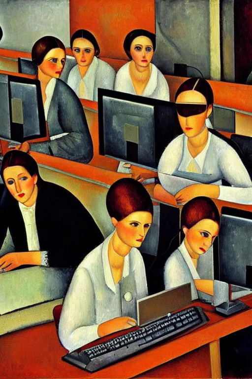 Prompt: oil painting highly detailed computer workers in office painted by amadeo modigliani