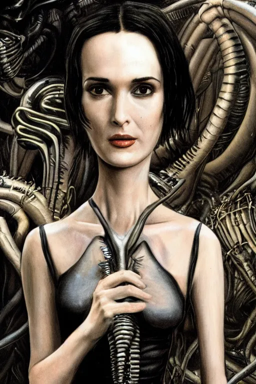 Image similar to winona ryder with xenomorph by h.r. giger, detailed, proportional, trending on art station, 4k
