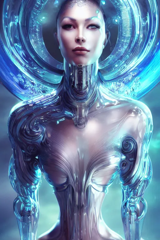 Image similar to a centered profile render of an alluring futuristic goddess with slight cyborg modifications surrounded by a underwater ink pour and flowing liquid gallium and sacred geometry, perfect body and face, powerful, cinematic, beautifully lit, by artgerm, by karol bak, 3 d, trending on artstation, octane render, 8 k