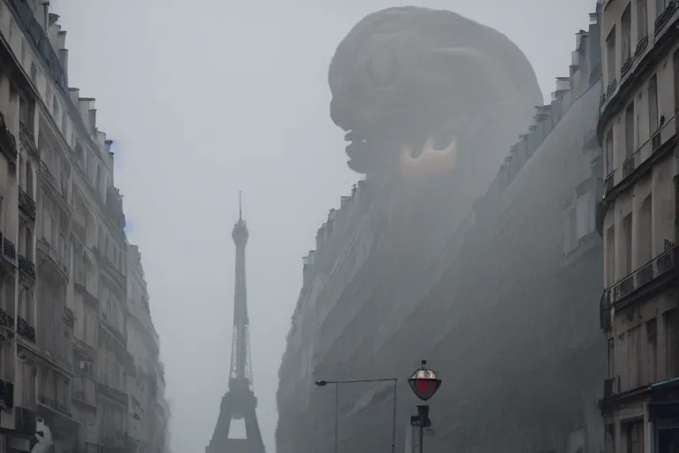Prompt: paris street with lovecraftian monster in the sky, foggy, stranger things photo wide shot 3 5 mm