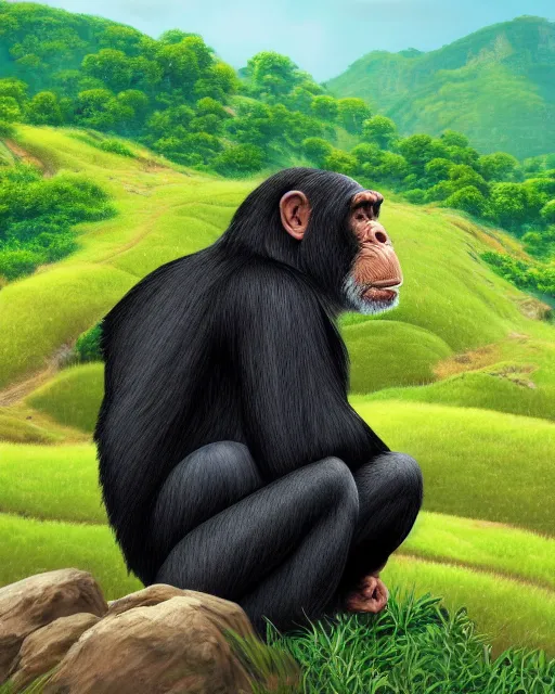 Prompt: very detailed high resolution illustration of a chimpanzee in rolling green hills, 3 d, 8 k, extremely detailed, artstation, award winning