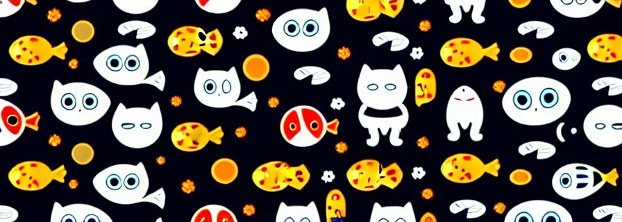 Image similar to pattern with cats in astronaut suits and fish figures, mild colors, black background,