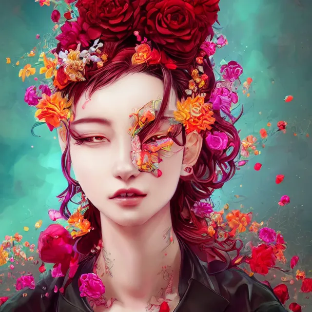 Image similar to studio portrait absurdly beautiful, elegant, lovely, young hypercolorful sensual anime woman rubies red petals gems, ultrafine hyperrealistic detailed face illustration by kim jung gi, irakli nadar, intricate linework, sharp focus, bright colors, matte, octopath traveler, final fantasy, unreal engine highly rendered, global illumination, radiant light, intricate rainbow environment