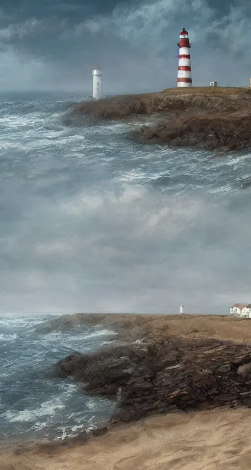 Image similar to wide - shot of lighthouse on the sand seashore, waves, misty background, from the game pathologic 2, highly detailed, sharp focus, matte painting, by isaac levitan and asher brown durand,