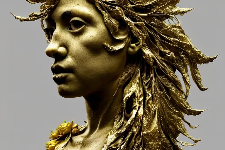 Prompt: a sculpture of a person with flowing golden tears, fractal plants and fractal flowers on the skin, a marble sculpture by nicola samori, behance, neo - expressionism, marble sculpture, apocalypse art, made of mist, octan render