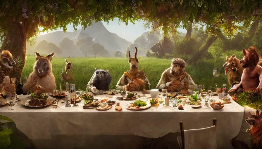 Prompt: a table dinner of animals where animals are dressed like the characters from the midsommar movie, realistic detailed digital art by maxwell boas jessica rossier christian dimitrov anton fadeev trending on artstation cgsociety rendered in unreal engine 4 k hq