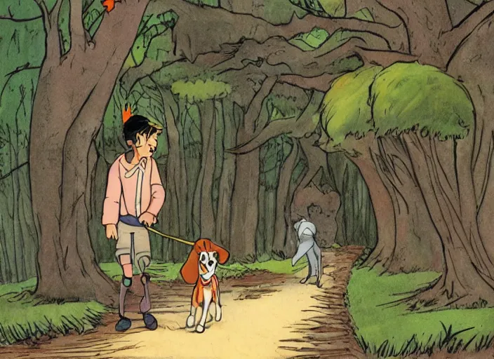 Prompt: A cartoon of a boy and his dog walking down a forest lane, style by don bluth