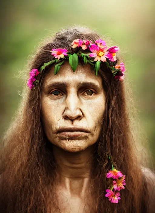 Prompt: portrait of a neanderthal woman, symmetrical face, flowers in her hair, she has the beautiful calm face of her mother, slightly smiling, ambient light