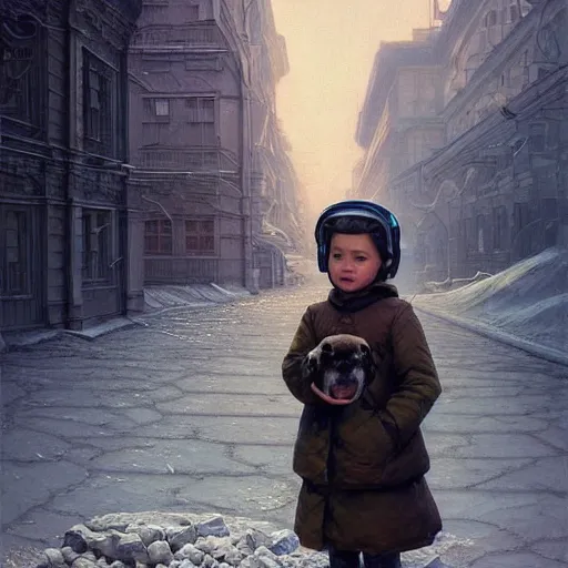 Image similar to A portrait of a kid with a dog on the street of a Soviet city on the moon, Norilsk, sci-fi, fantasy, intricate, very very beautiful, elegant, highly detailed, digital painting, artstation, concept art, smooth, sharp focus, illustration, art by artgerm and greg rutkowski and alphonse mucha