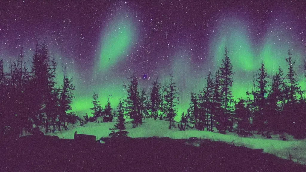 Image similar to a night sky, dark enclosed, winding hillside path, cozy, campfire, ((aurora)), quiet forest night scene, spangle, starlight 4k haunted psychedelic VHS glitch polaroid