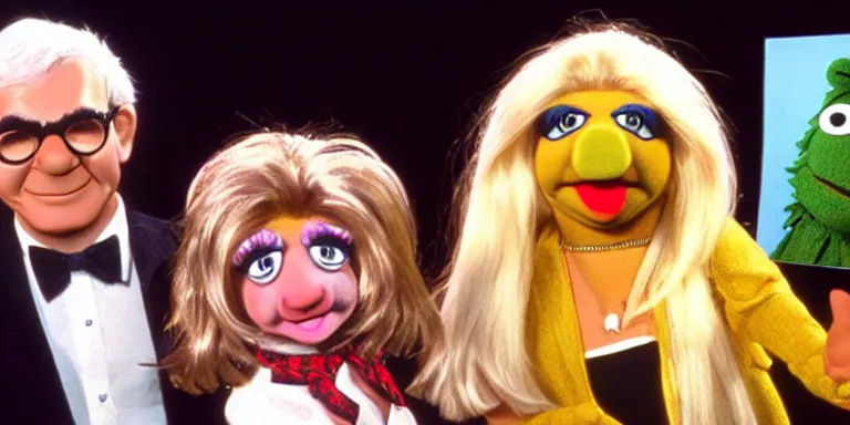 Image similar to Photoreal Cinematography of a photorealistic muppet version of Debbie Harry hosting The Muppet show, standing with with Steve Martin with a photo accurate photorealistic face