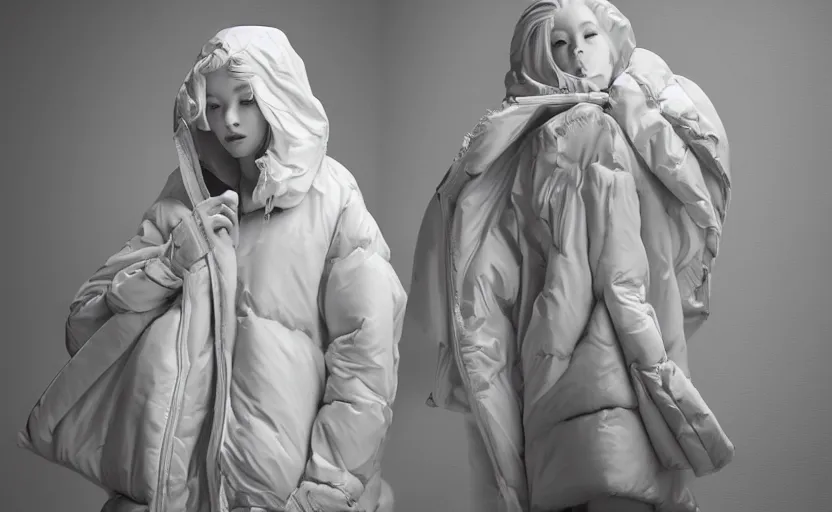 Image similar to well lit fashion shoot portrait of extremely beautiful female marble statue wearing huge over size puffer jacket by dingyun zhang, yeezy, balenciaga, vetements, a cold wall, sharp focus, clear, detailed,, cinematic, detailed, off white, glamourous, symmetrical, vogue, editorial, fashion, magazine shoot, glossy