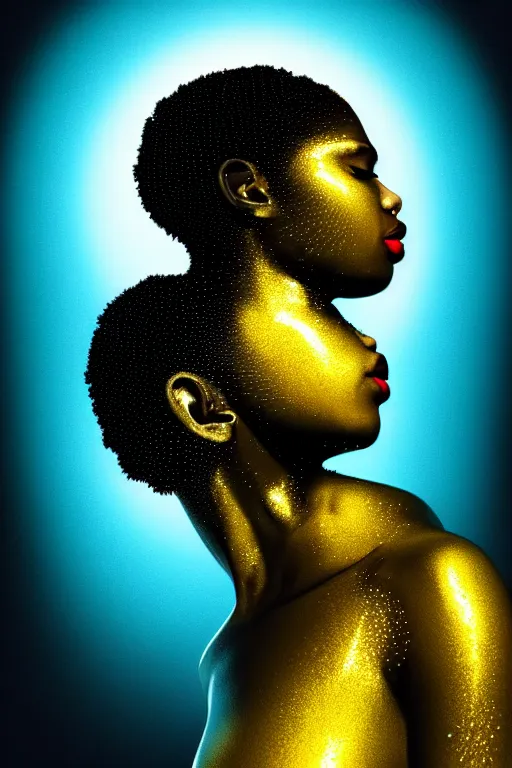 Prompt: hyperrealistic modern cinematic very expressive! profile black oshun goddess, head emerging from water, mirror dripping droplet!, gold flowers, highly detailed face, digital art masterpiece, smooth eric zener cam de leon, dynamic pearlescent teal light, low angle uhd 8 k, sharp focus