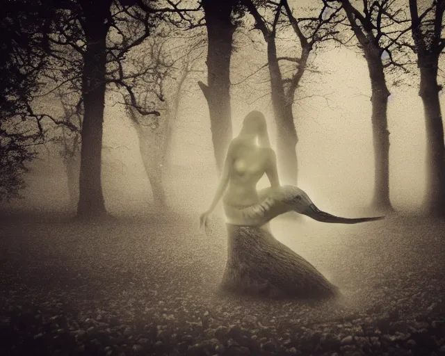 Prompt: mermaid on tree, mist, wood, lomography photo effect, grain effect