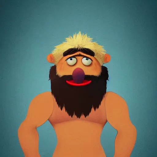 Image similar to a still of a forgotten muppet character looking very manly and modern, hilarious, laughing, hairy chest, huge chin, manly monster tough guy, roughled fur, photo real, photographic, photograph, artstation, trending, featured