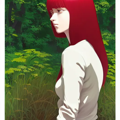 Prompt: Character portrait of a young beautiful woman with long flowing red hair in a lush park, beautiful face, long dark hair with bangs, wearing a black turtleneck sweater, highly detailed, cel shading, Studio Ghibli still, by Ilya Kuvshinov and Akihiko Yoshida