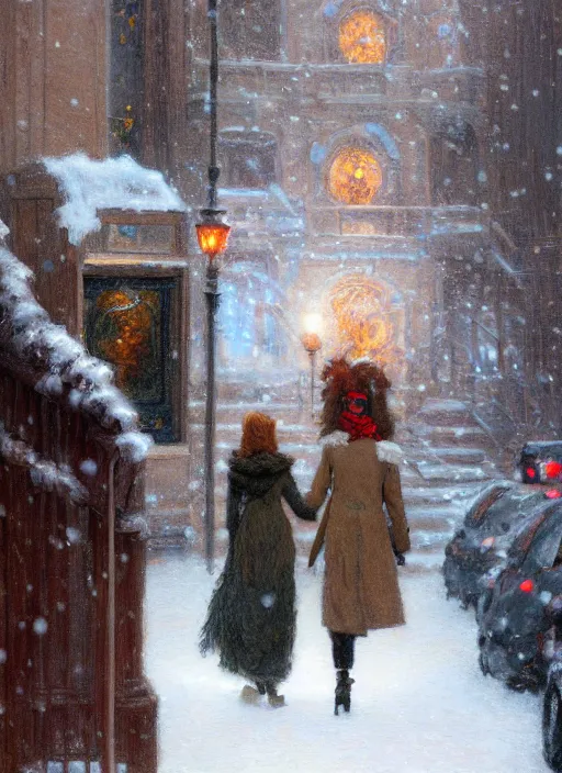 Image similar to back of emma stone in beige coat, walking into new york apartment building in winter, close up of wreath on door, snow, artwork by gaston bussiere, craig mullins, trending on artstation