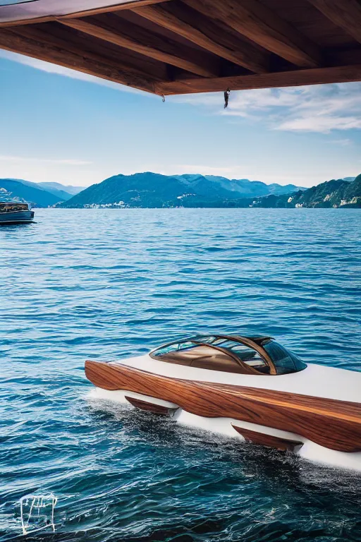 Prompt: Photo of a Riva Aquarama floating near a dock with Lake Como in the background, wide shot, daylight, blue sky, summer, dramatic lighting, award winning, highly detailed, 1980s, luxury lifestyle, fine art print, best selling.