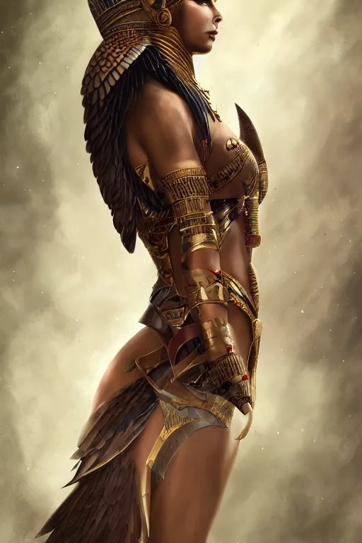 Image similar to rendering by octane, unreal engine, aesthetic, full body skin Egyptian god with an eagle head, animalistic Face like a eagle, realistic feathers, realistic eagle beak , microdetail, in the style of Charlie Bowater and Waterhouse, symmetrical, cinematic lighting, elegant, oil painting, cinematic, portrait, Raphaelite, magical background, magical realism, body shot