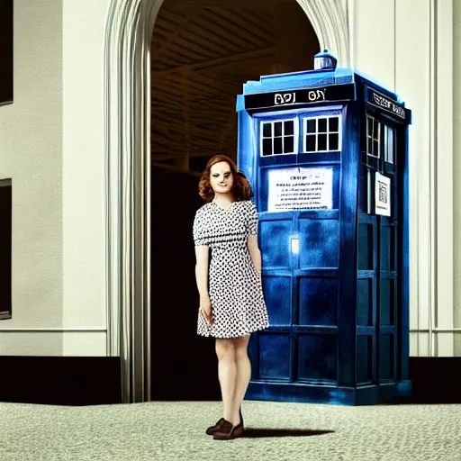 Image similar to a beautiful full body photograph of hayley atwell as the doctor from doctor who posing in front of the tardis, symmetrical face, extreme realism and detail, 8 k, completely framed, direct lighting, 3 5 mm photo, photorealistic, sharp focus