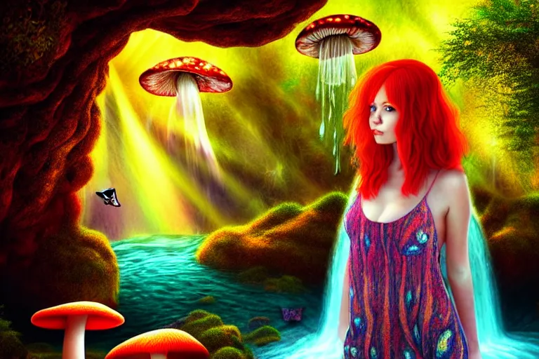 Prompt: a realistic portrait of a cute red haired mushroom goddess, inside a waterfall, in an enchanted psychedelic mushroom forest, butterflies, sunbeams at sunset, wlop