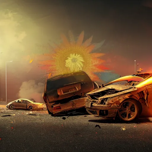 Prompt: two car wrecks on top of eachother, rusty, with graffiti of sun flowers on them, torn, war, realistic photo, octane render, cinematic lightning, 8 k, volumetric illumination