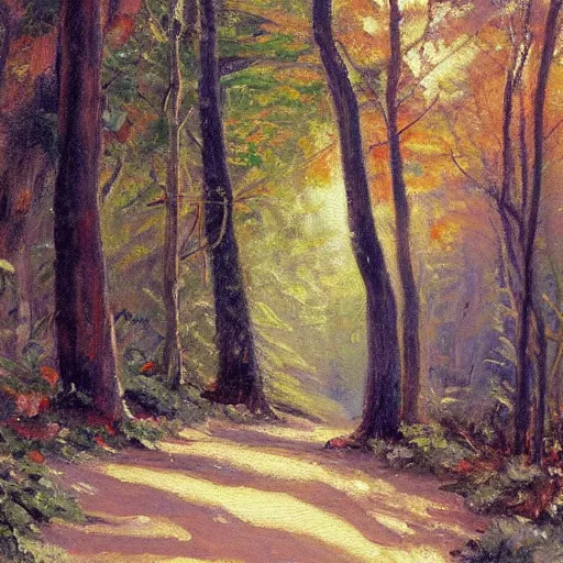 Image similar to a painting of a path through a forest, an oil painting by John Fabian Carlson, featured on Artstation, american scene painting, rim light, oil on canvas, flickering light