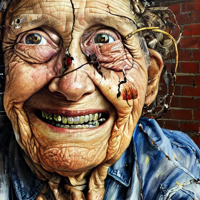 Image similar to an extreme close up portrait a very ordinary old woman with an happy expression, front angle, by Lucian Freud and Jenny Saville and Anselm Kiefer, oil painting, rust, Scaffolding, rusted metal and sunflowers, iron cladding, decay, mixed media, textured, anatomically correct, beautiful perfect face, visible brushstrokes, sharp focus, Highly Detailed, Cinematic Lighting, 8k, HD