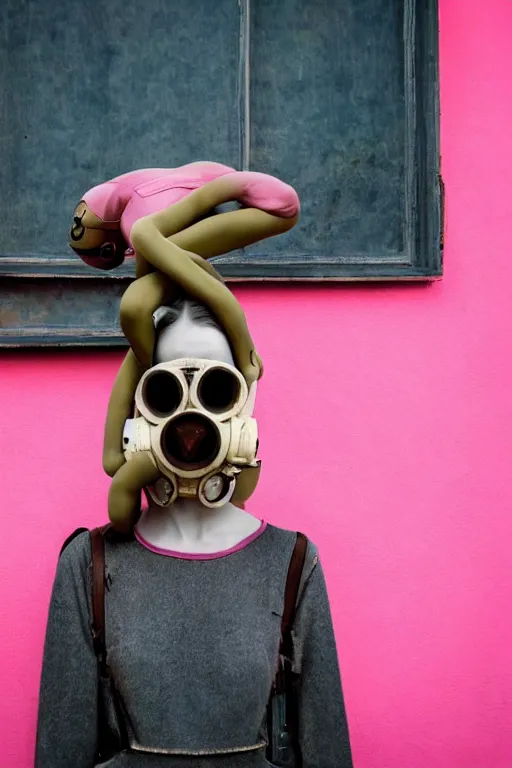 Image similar to a surreal portrait of intertwined and contorted figures wearing gas mask next to a pink wall in the style of brooke didonato, editorial fashion photography from vogue magazine, full shot, nikon d 8 1 0, ƒ / 2. 5, focal length : 8 5. 0 mm, exposure time : 1 / 8 0 0, iso : 2 0 0