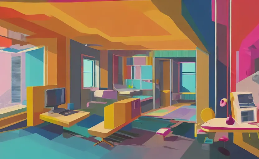 Image similar to Interior shot of a futuristic brutalist studio apartment with computers and colourful furniture by Petros Afshar and Beeple, James Gilleard, Mark Ryden, Wolfgang Lettl highly detailed