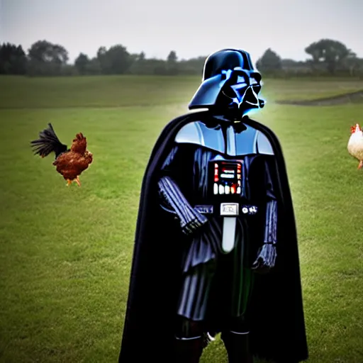 Prompt: darth vader visits a chicken farm, Leica photograph