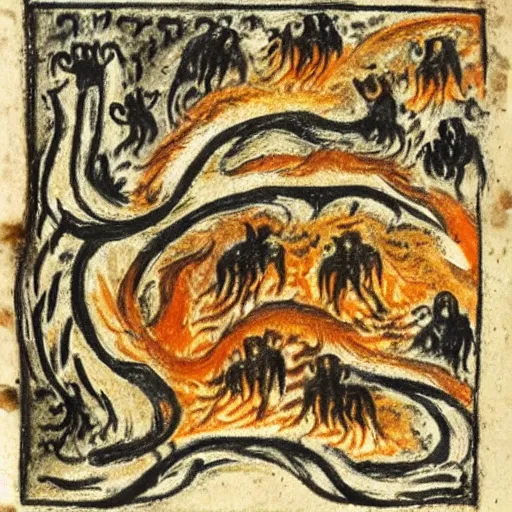 Image similar to bad drawn tiger made of smoke, lava and fire flying in the sky with many legs in a medieval manuscript, medieval manuscript, golden miniatures