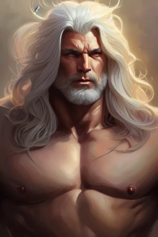 Image similar to big muscular man with long white hair, fantasy, amber eyes, face, long hair, intricate, elegant, highly detailed, digital painting, artstation, concept art, smooth, sharp focus, illustration, art by artgerm and greg rutkowski and alphonse mucha