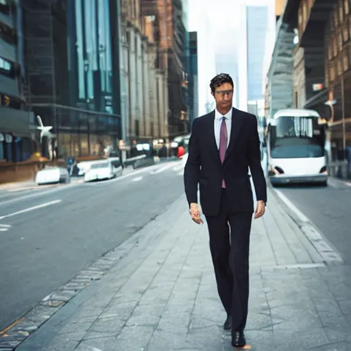 Image similar to portrait photograph of a very tall, elegantly dressed businessman walking through the city