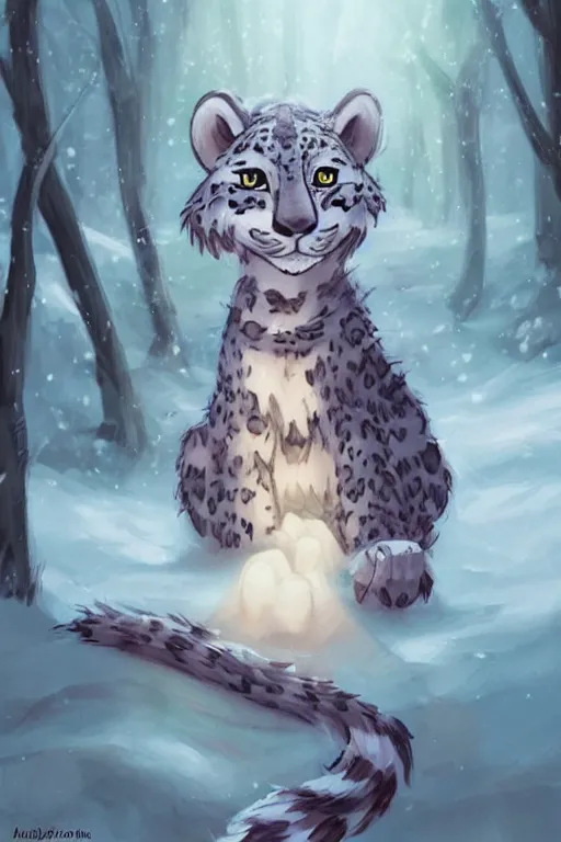 Image similar to a pretty medieval anthropomorphic snow leopard with a fluffy tail in the forest, comic art, trending on furaffinity, cartoon, kawaii, backlighting, furry art!!!, radiant light, bokeh, trending on artstation, digital art