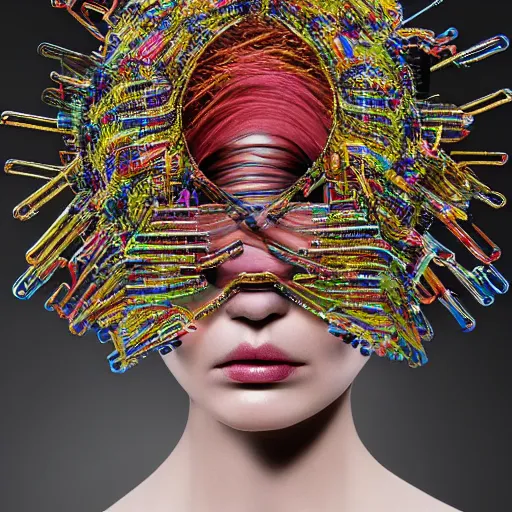 Image similar to a woman with a weird head piece on her head, a flemish baroque by alexander mcqueen, panfuturism, made of paperclips, made of insects, made of feathers, hybrid, bold natural colors, masterpiece, trending on artstation, photograph