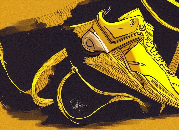 Image similar to sneaker concept, wth short golden lines, yellow details, highly detailed, digital art, sharp focus, trending on art station, anime art style