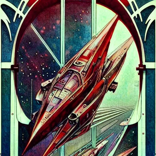 Image similar to ( ( ( ( ( 1 9 5 0 s retro future intricate machine spaceship large window. muted colors. art nouveau ) ) ) ) ) by jean baptiste monge!!!!!!!!!!!!!!!!!!!!!!!!! chrome red