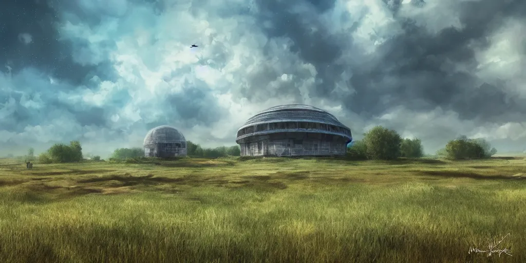 Prompt: large round sci-fi building, next to farm fields and trees, sense of hope, daytime and blue sky, digital art, art station, extremely detailed