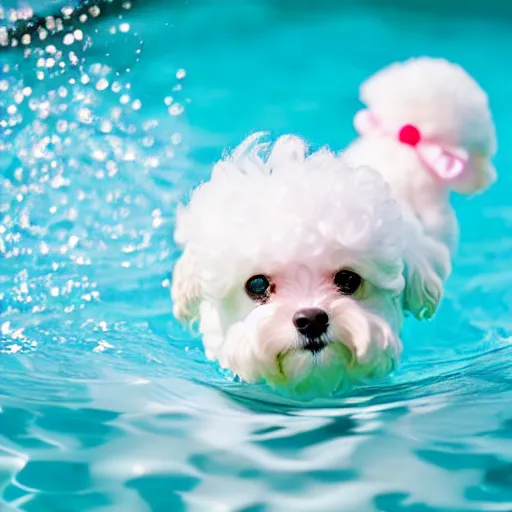 Prompt: a cute bichon puppy with a bow behind her ear swimming in a pool, professional photography, sharp, focus, depth of field