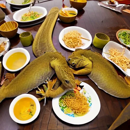 Image similar to a group of komodo dragons having a feast consisting of only indomie instant noodles on a fancy dining table, cartoon style