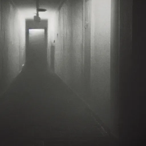 Image similar to A monster is standing in a dimly lit hallway, terrifying visuals, horror elements, dark ambiance.