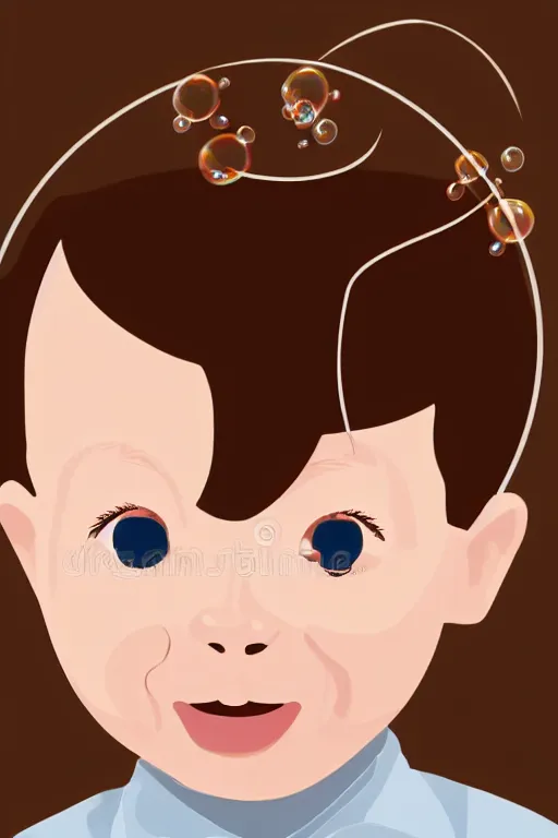 Image similar to a little boy with ginger hair blowing bubbles. clean elegant simple illustration, beautiful detailed face.