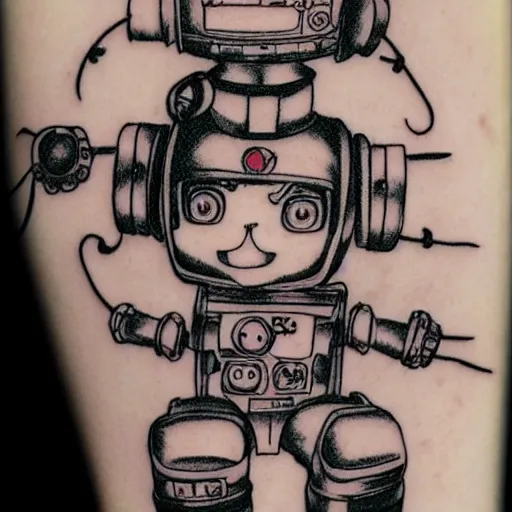 Image similar to Anime manga robot!! cat tattoo, cyborg cat, exposed wires and gears, fully robotic!! cat, manga!! in the style of Junji Ito and Naoko Takeuchi, cute!! chibi!!! cat, tattoo on upper arm, arm tattoo