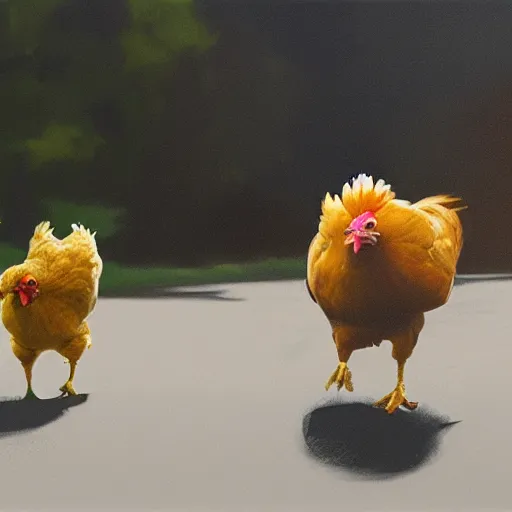 Prompt: two chickens racing across the road, illustration, artstation, vivid colors,